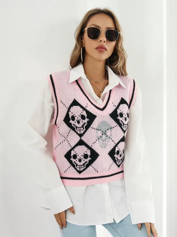 BerriesJam - 2024 Sleeveless Skulls V-neck Knit Vest Sweater