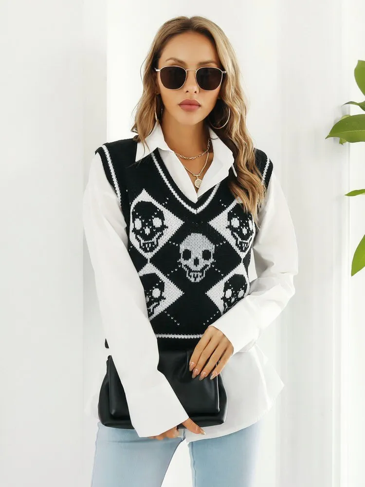 BerriesJam - 2024 Sleeveless Skulls V-neck Knit Vest Sweater