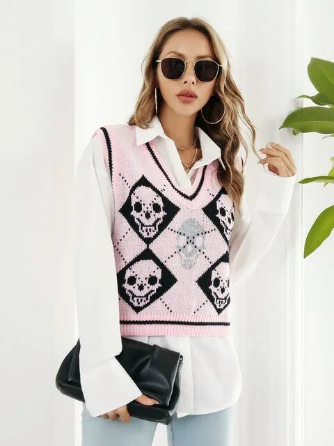 BerriesJam - 2024 Sleeveless Skulls V-neck Knit Vest Sweater