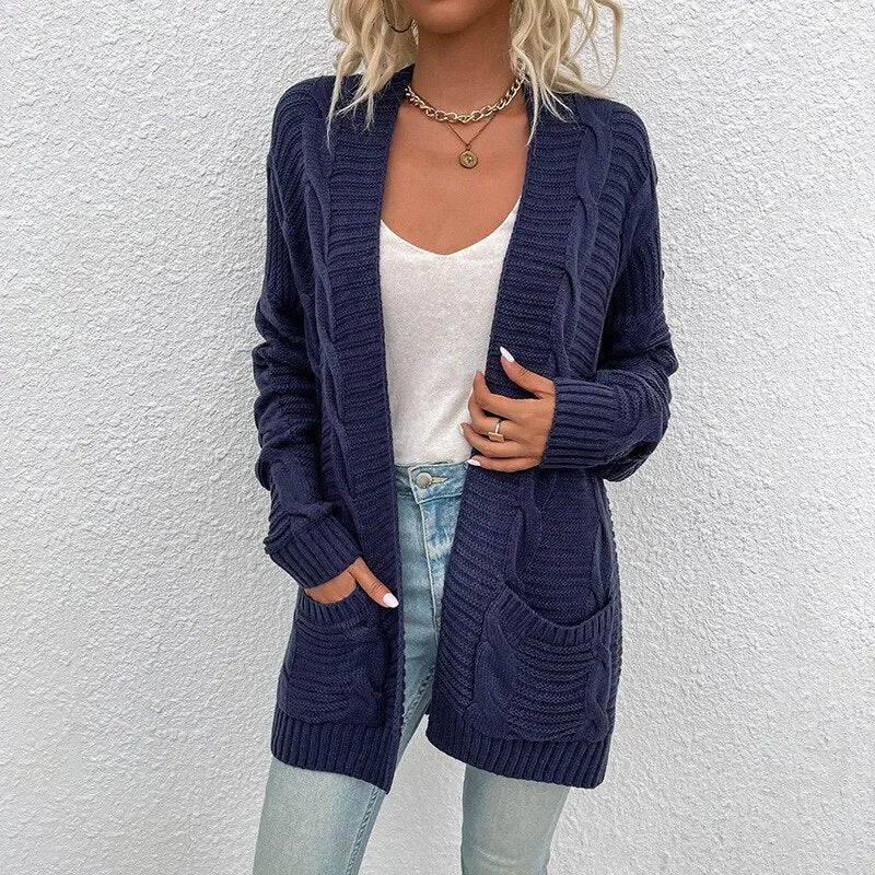 BerriesJam - 2024 Solid Color Mid-length Twist Rope Cardigan