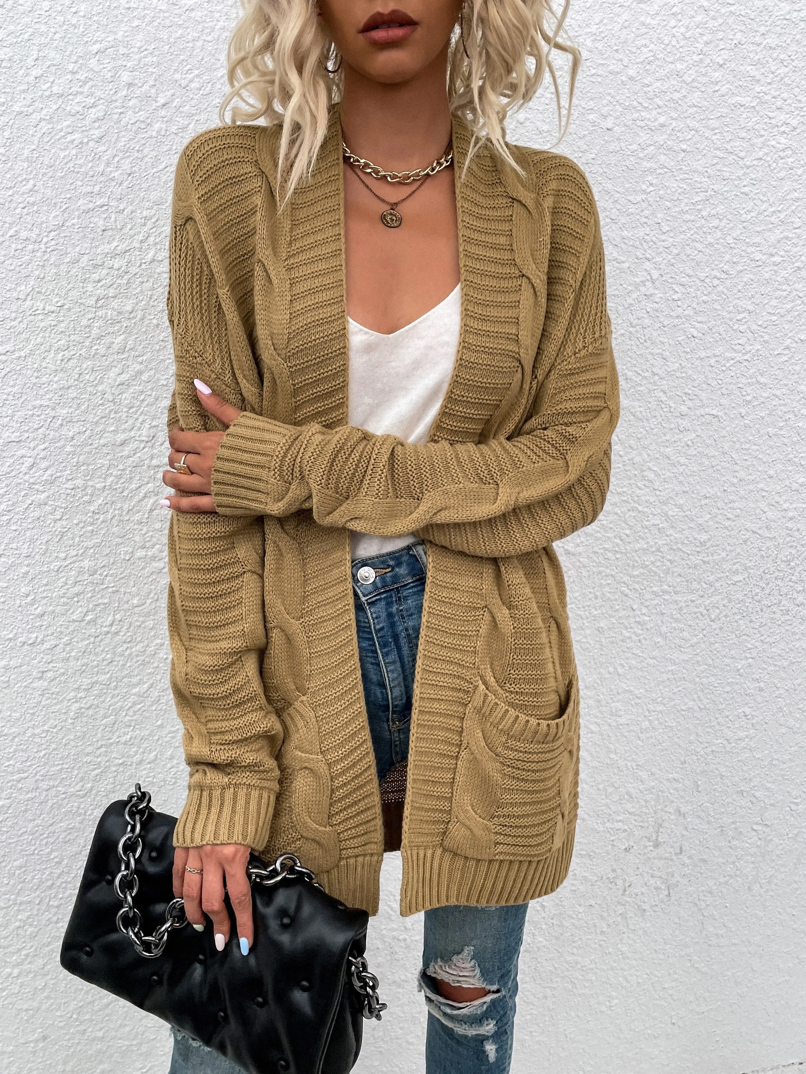 BerriesJam - 2024 Solid Color Mid-length Twist Rope Cardigan