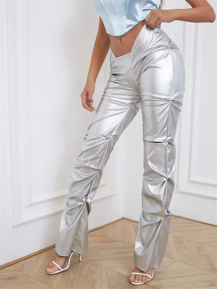 BerriesJam - 2024 Y2K Solid Faux PU Leather Shiny Irregular Shape Pants