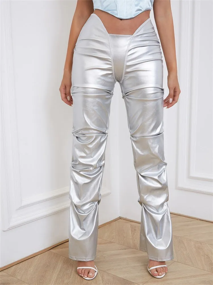 BerriesJam - 2024 Y2K Solid Faux PU Leather Shiny Irregular Shape Pants