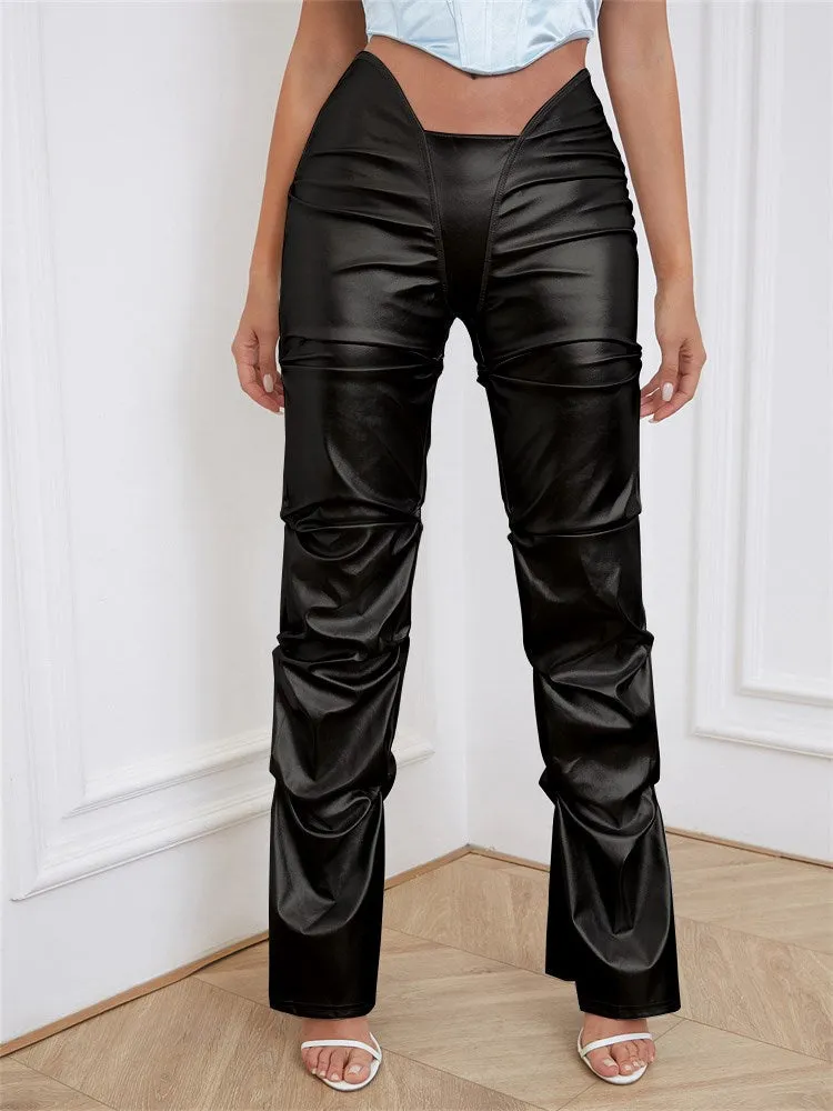 BerriesJam - 2024 Y2K Solid Faux PU Leather Shiny Irregular Shape Pants