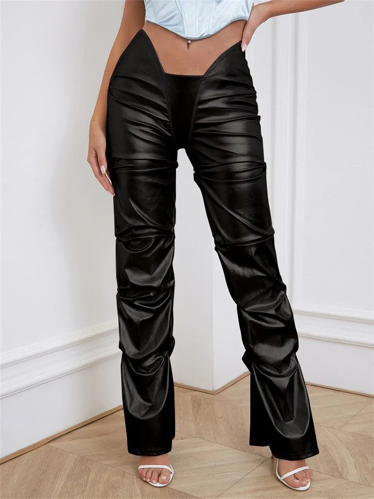 BerriesJam - 2024 Y2K Solid Faux PU Leather Shiny Irregular Shape Pants