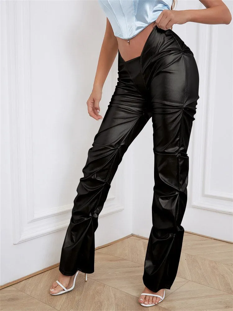 BerriesJam - 2024 Y2K Solid Faux PU Leather Shiny Irregular Shape Pants