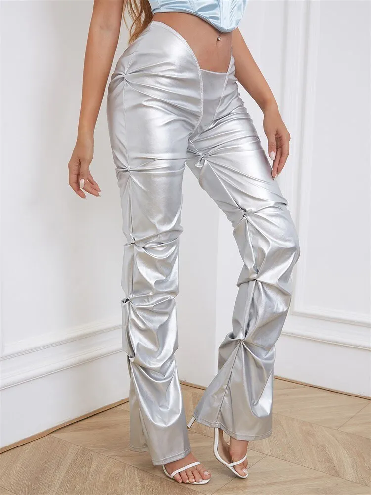 BerriesJam - 2024 Y2K Solid Faux PU Leather Shiny Irregular Shape Pants