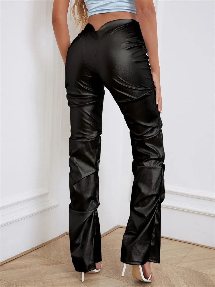 BerriesJam - 2024 Y2K Solid Faux PU Leather Shiny Irregular Shape Pants