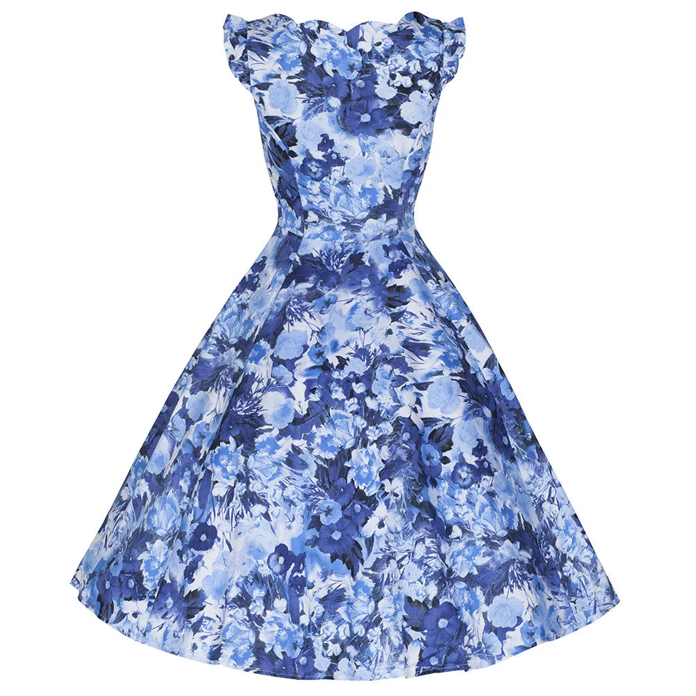 Blue Floral Frill Sleeve Cotton Swing 50s Dress