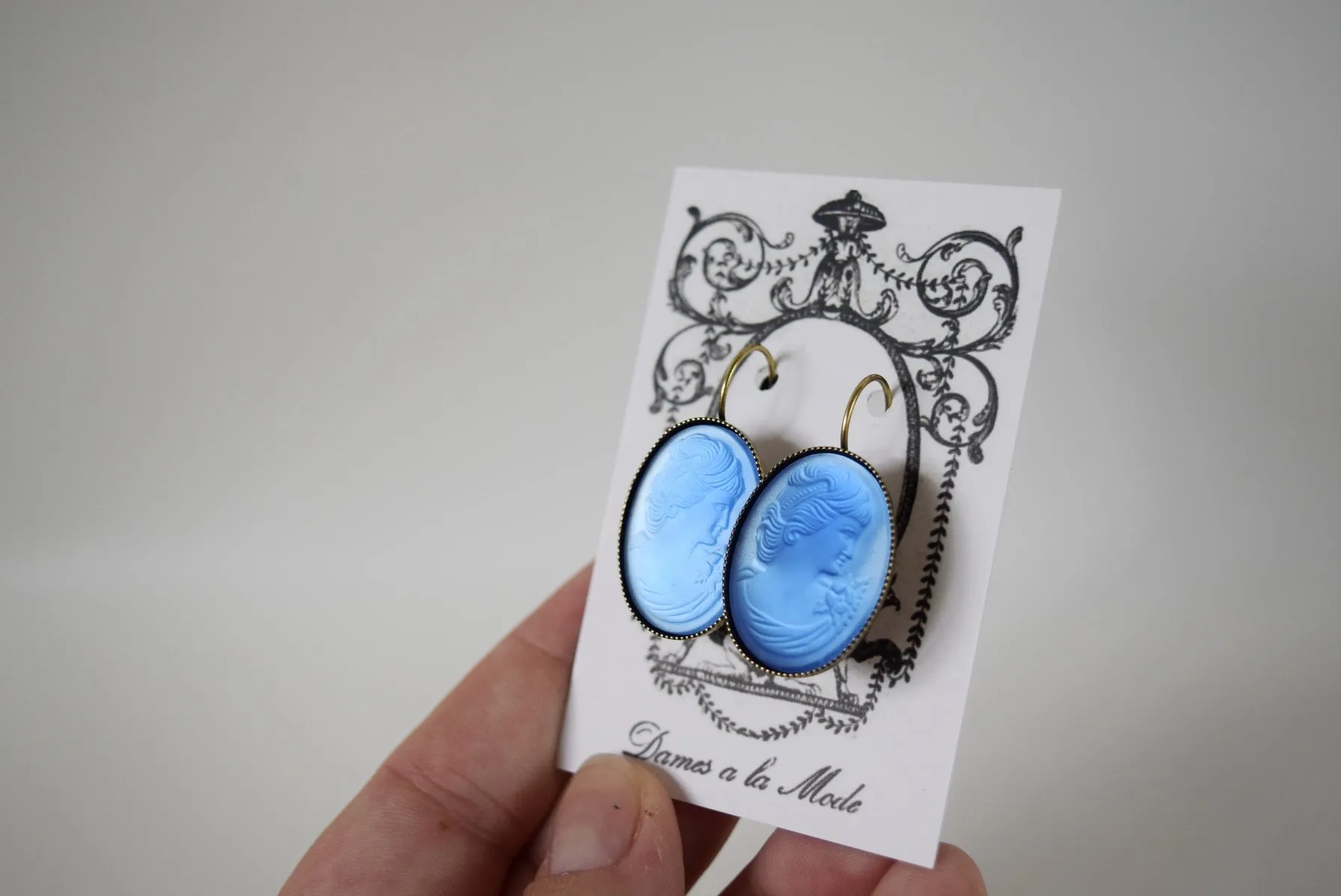 Blue Glass Cameo Earrings - Extra Large Ovals