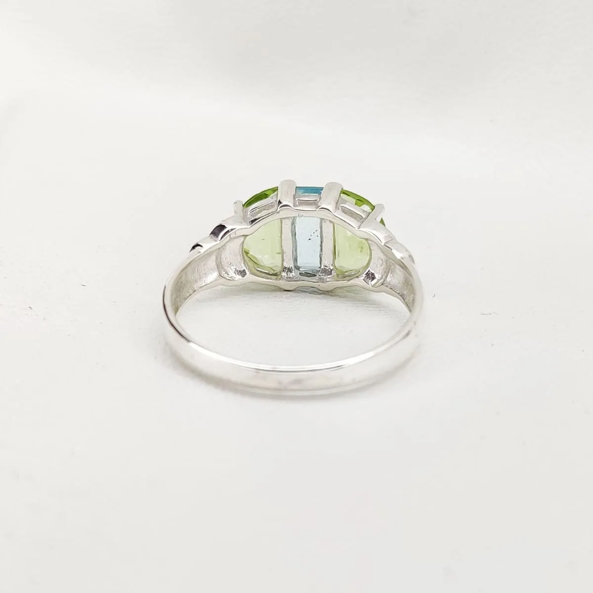 Blue Topaz and Peridot Ring, Baguette Cut Half Moon Ring, December & August Birthstone, Unique Modern Ring, Sterling Silver, Gift For Her