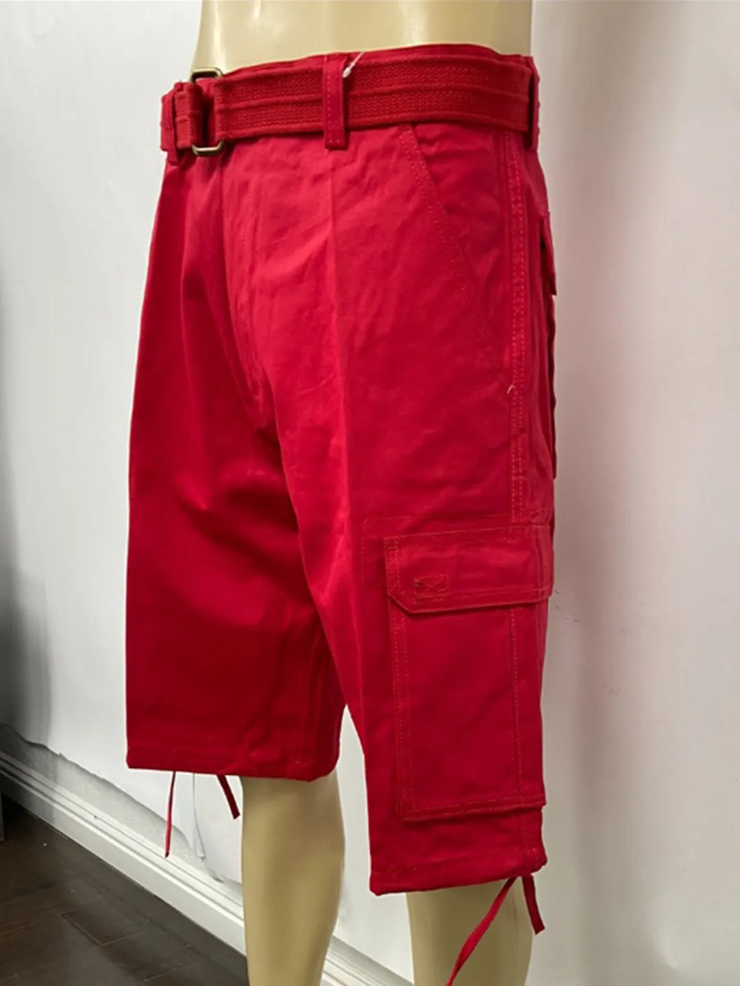 Cargo Shorts with Adjustable Twill Belt Utility Pocket - Red