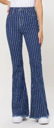 Cello Women's Stripe High Rise Super Flare Jean with Fray Hem