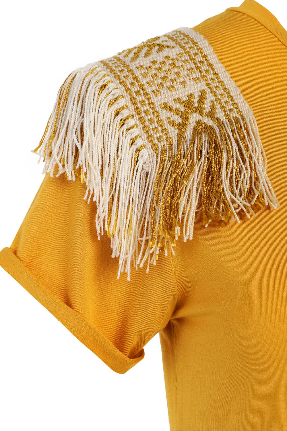 CHUMBRE FRINGES T-SHIRT IN MUSTARD / IVORY GOLD SHOULDERS