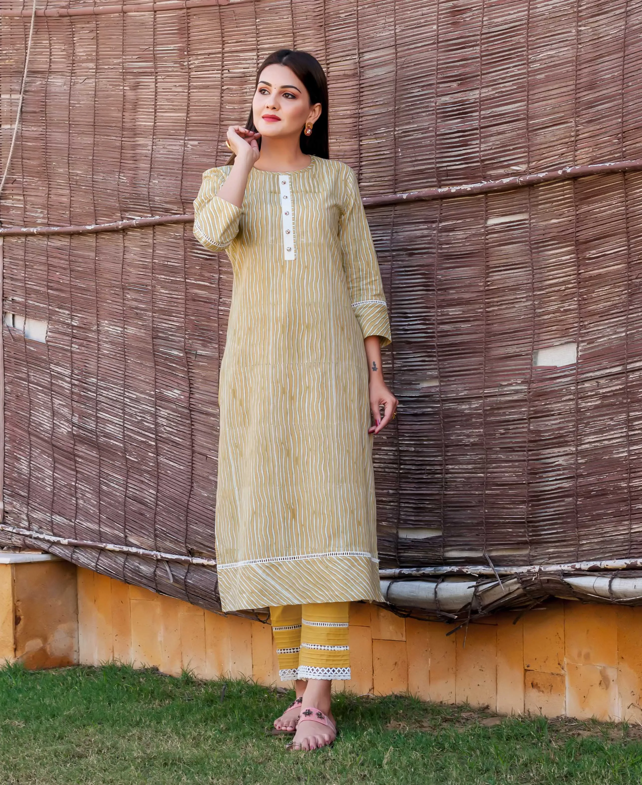 Corn Yellow Striped Printed Kurta