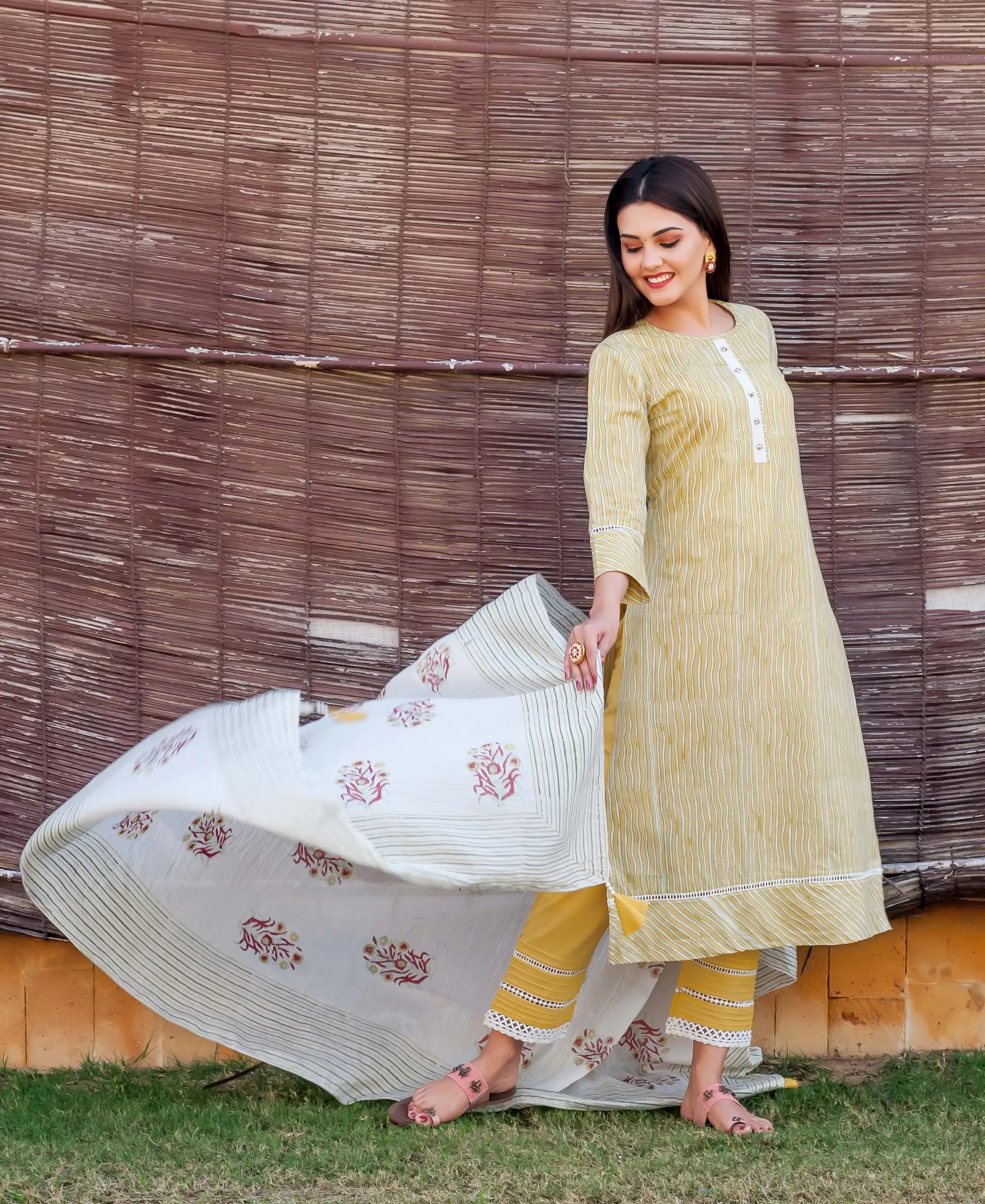 Corn Yellow Striped Printed Kurta