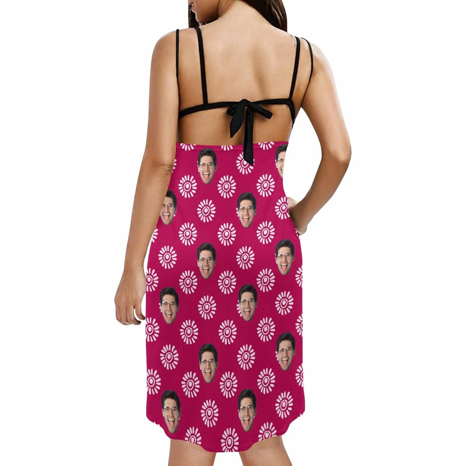 Custom Face Rose Red Strap Backless Beach Dress Personalized Women's Cover up Beach Dress