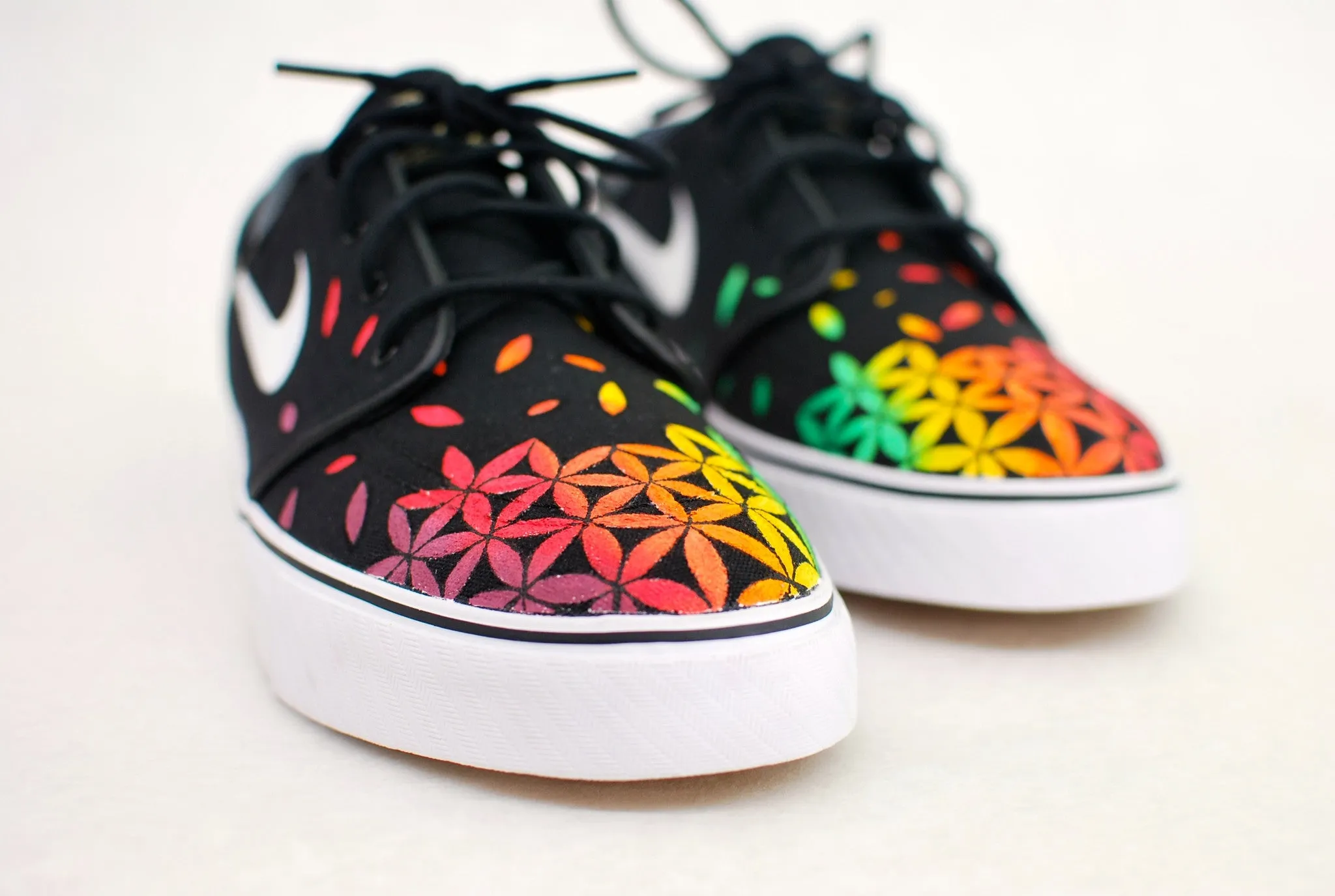 Custom Hand Painted Nike Zoom Stefan Janoski Sneakers - Rasta Sacred Geometry Flower of Life pattern