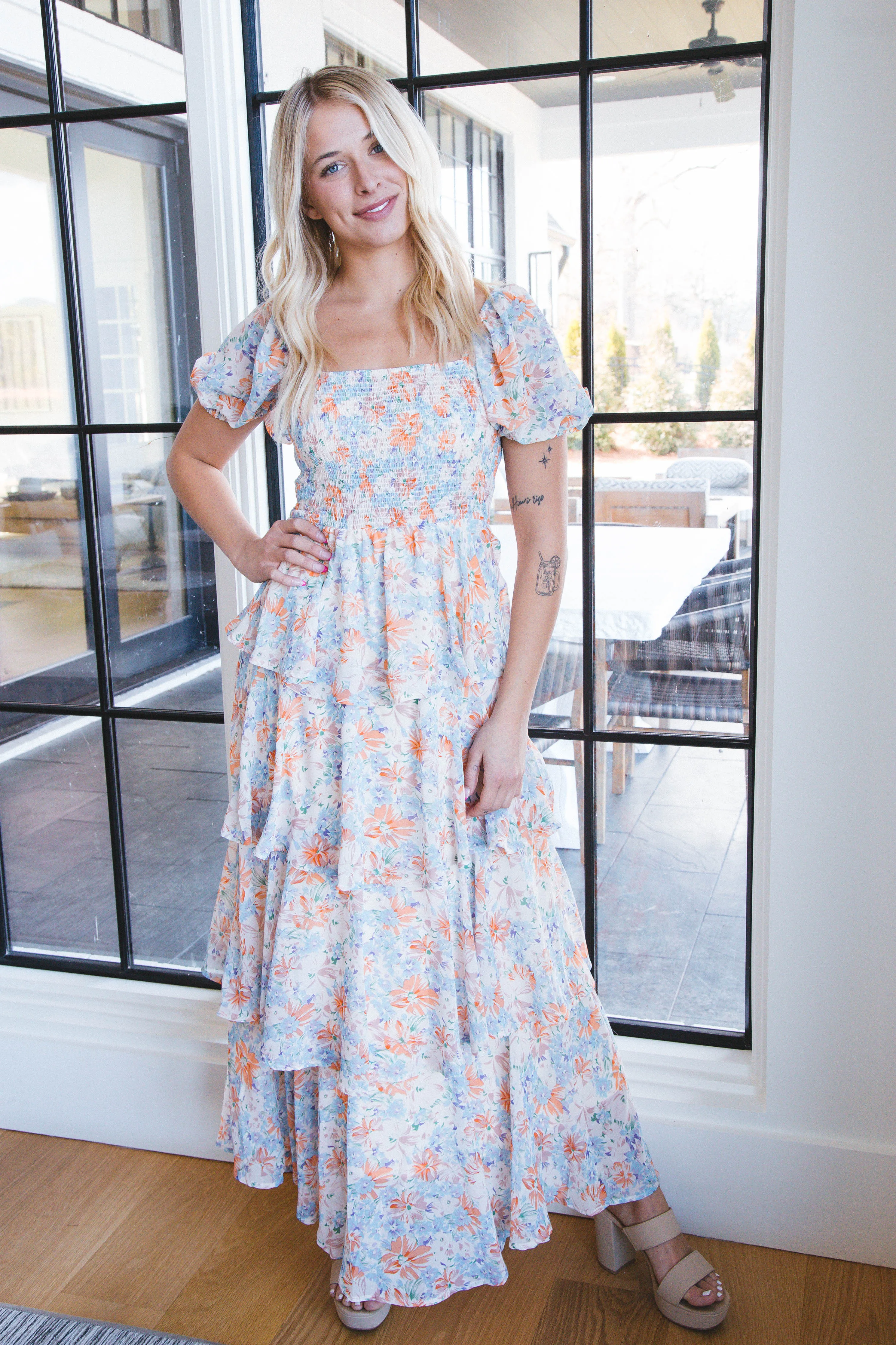 Cynthia Floral Maxi Dress, Orange Combo