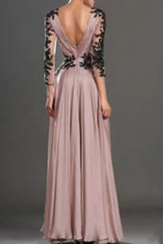 Deep V neck Prom Dress Fashion Long Sleeves Appliques Black And Pink Chiffon Prom Dress