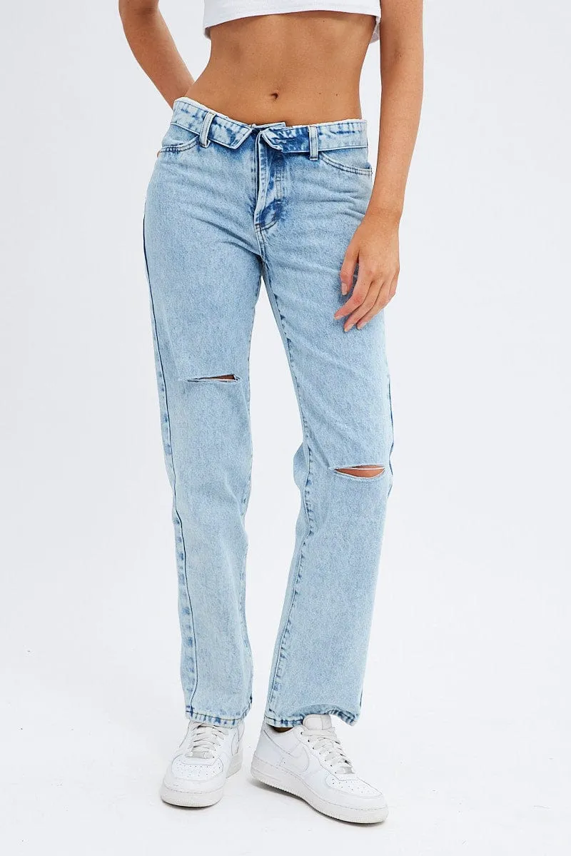 Denim Low Rise Jeans Straight Fold Down Waist