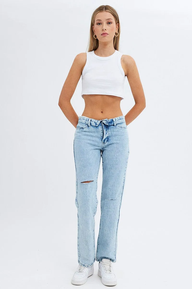 Denim Low Rise Jeans Straight Fold Down Waist