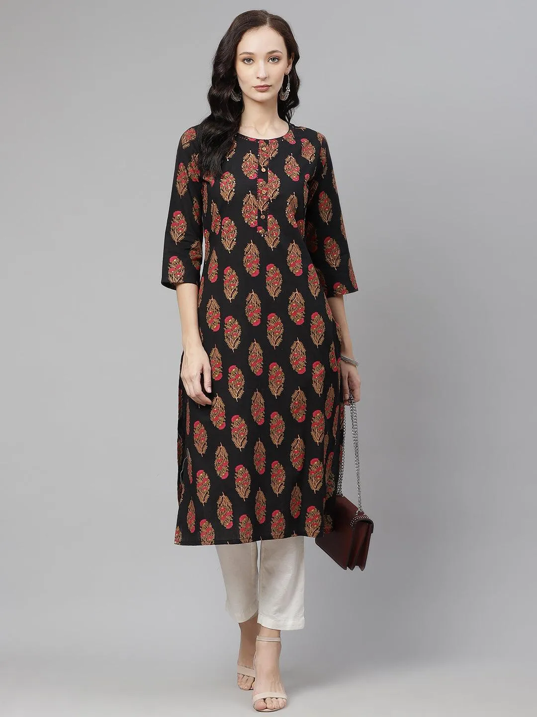 Divena Black Floral Print Cotton Straight Kurta