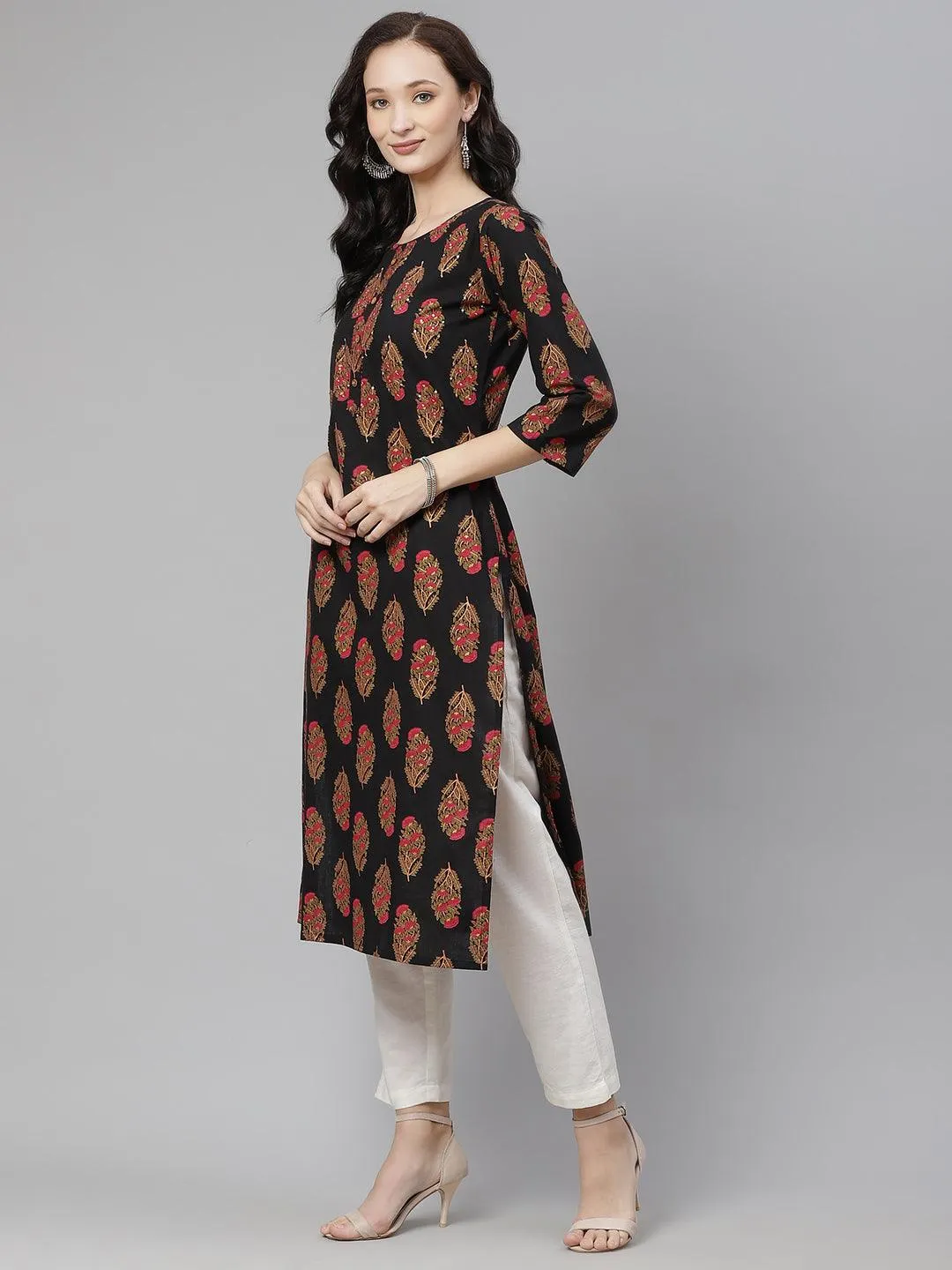 Divena Black Floral Print Cotton Straight Kurta