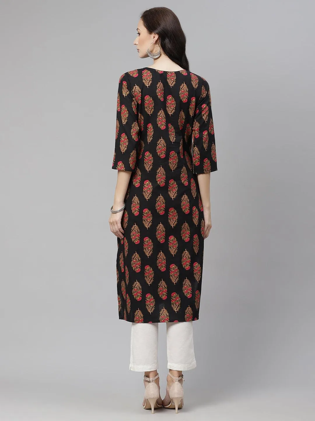 Divena Black Floral Print Cotton Straight Kurta