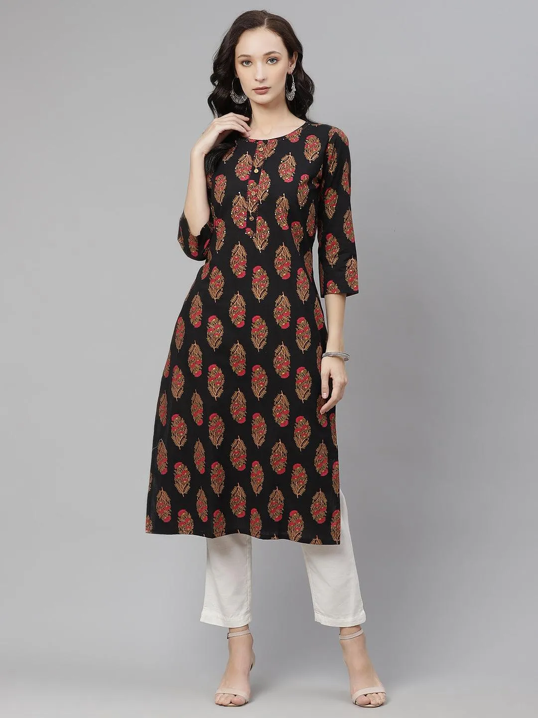 Divena Black Floral Print Cotton Straight Kurta