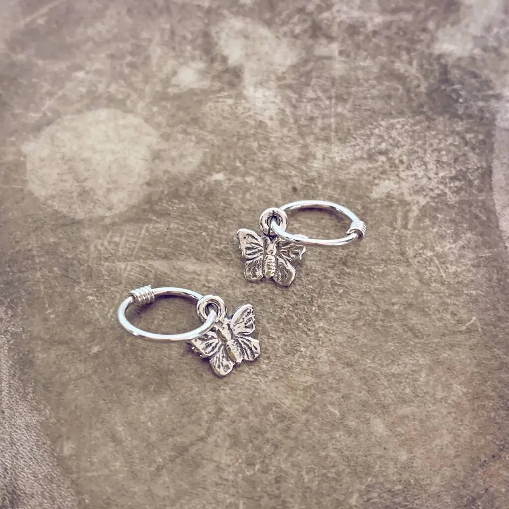 flutter // itty bitty sterling silver butterfly hoop sleeper earrings