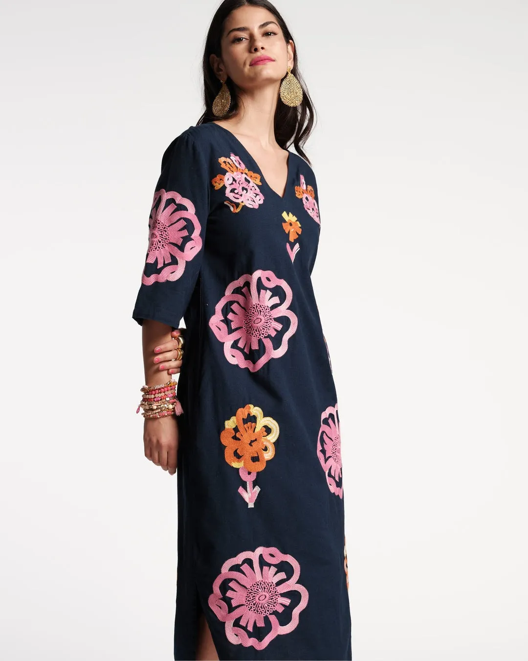 Frances Valentine Emi Dress Graphic Gerbera Cotton Linen Navy/Pink