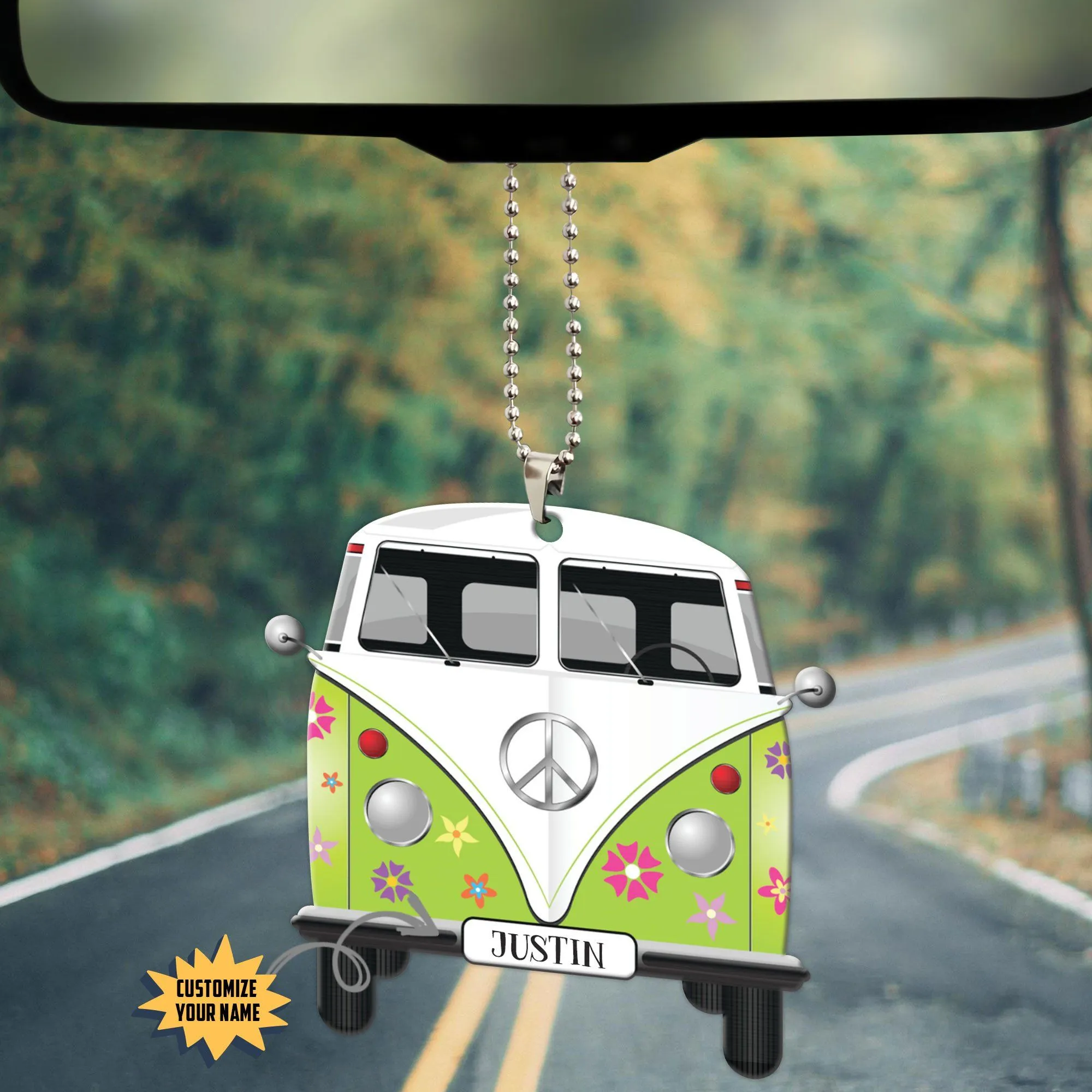 Gearhuman 3D Flowered Hippie Van Custom Name Car Hanging