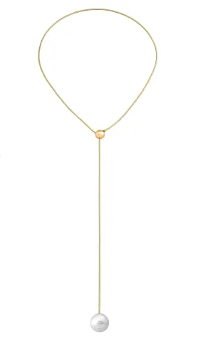 Golden Steel Adjustable Long Necklace for Women with White Round Pearl, 16mm Pearl, 27 Chain Length, Aura Collection