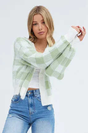 Green Check Crop Knit Cardigan Check