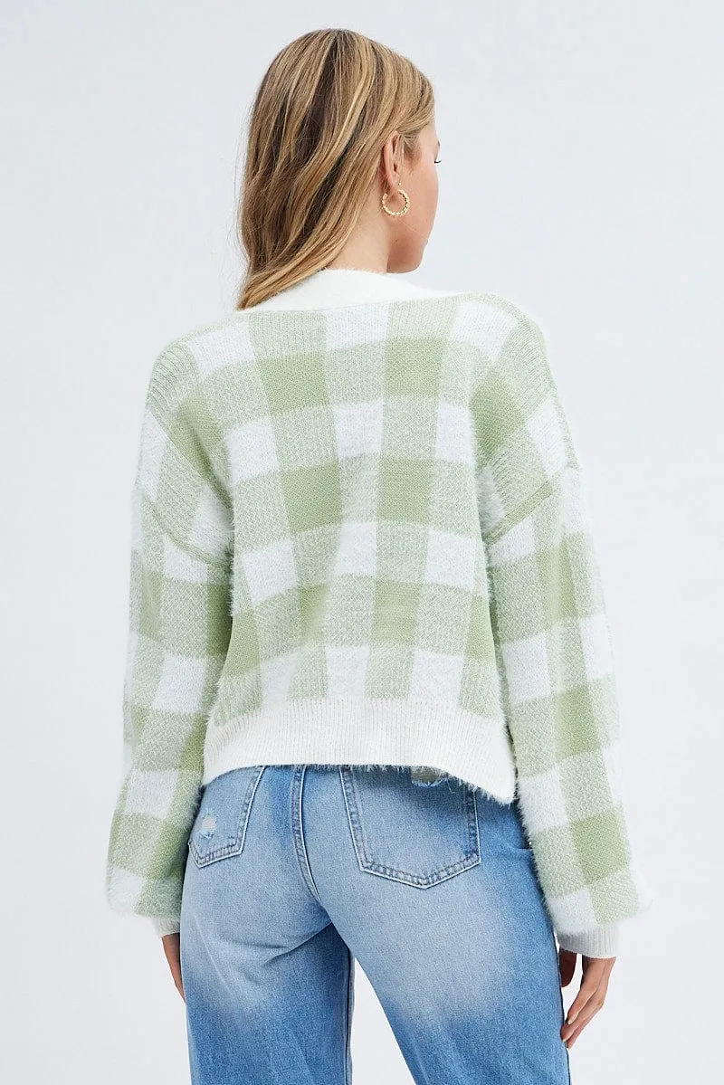 Green Check Crop Knit Cardigan Check