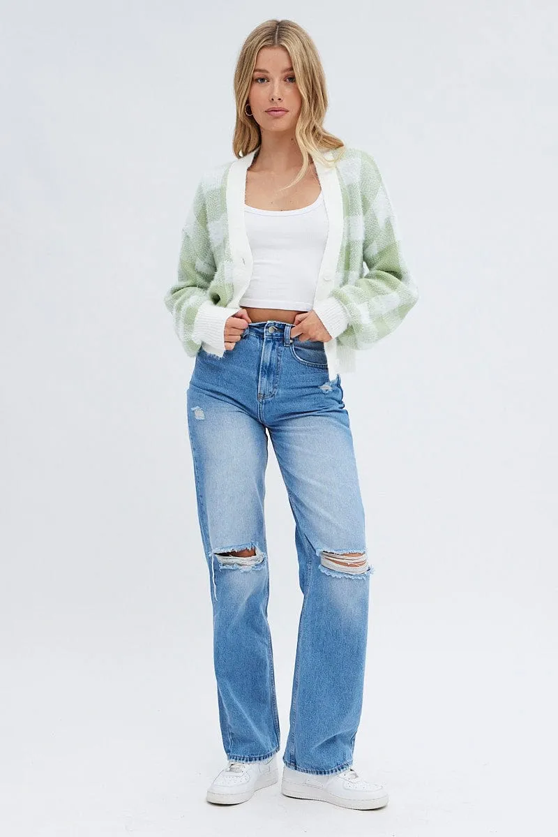 Green Check Crop Knit Cardigan Check