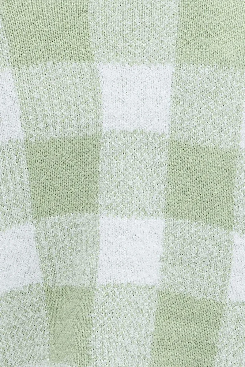 Green Check Crop Knit Cardigan Check