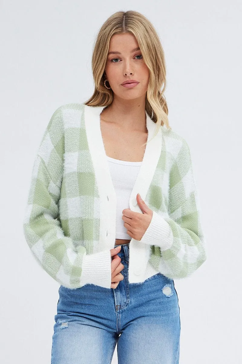 Green Check Crop Knit Cardigan Check