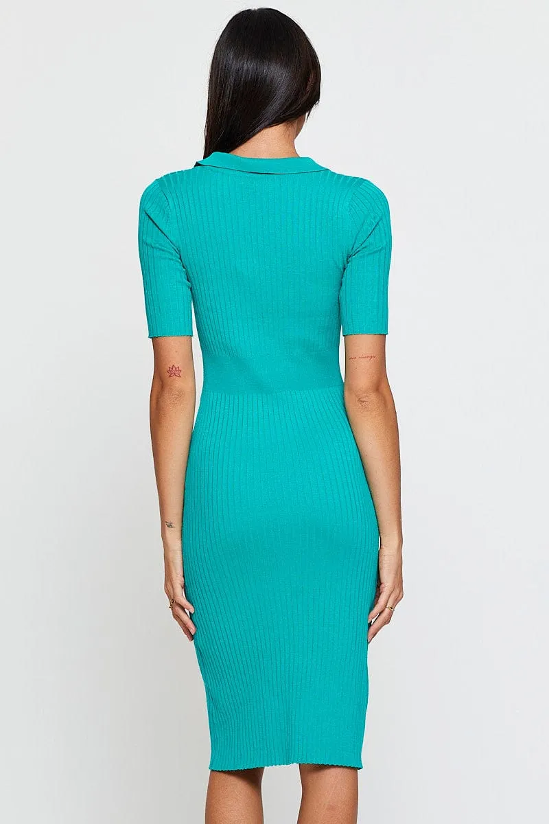 Green Dress Short Sleeve Midi Collared Knit