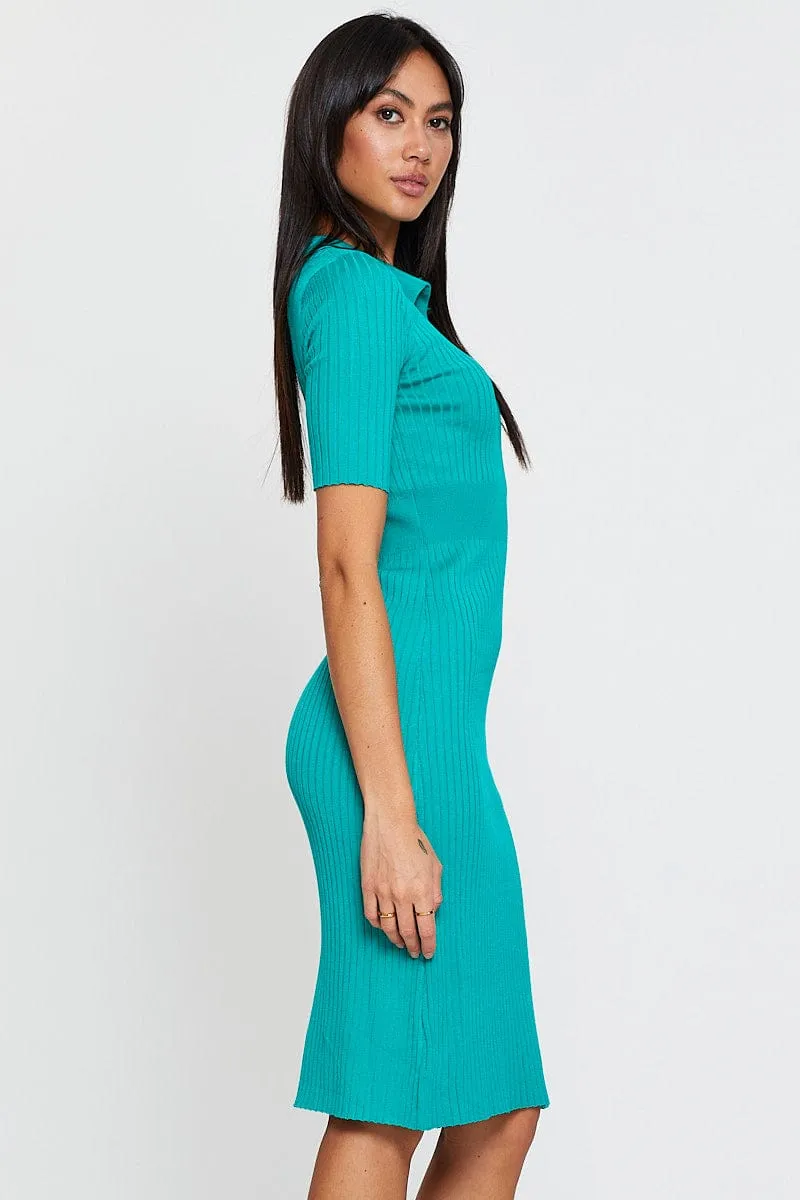 Green Dress Short Sleeve Midi Collared Knit