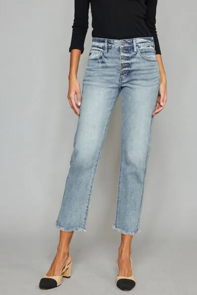 Kancan High Waist Button Fly Raw Hem Cropped Straight Jeans (Online Exclusive)