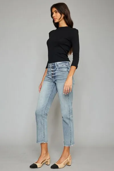 Kancan High Waist Button Fly Raw Hem Cropped Straight Jeans (Online Exclusive)