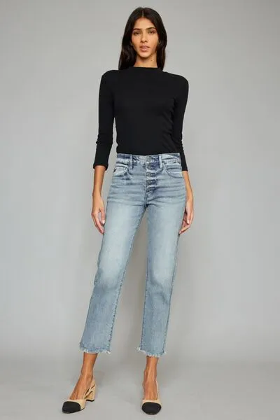 Kancan High Waist Button Fly Raw Hem Cropped Straight Jeans (Online Exclusive)