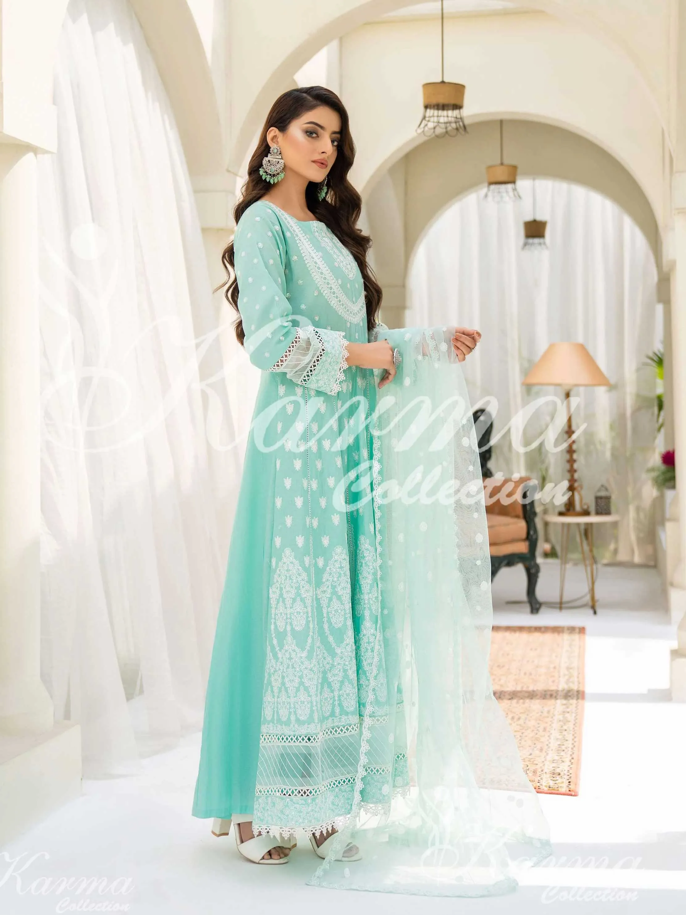 Karma Collection Aqua Embroidered Long Frock 3-Piece Suit (1303)