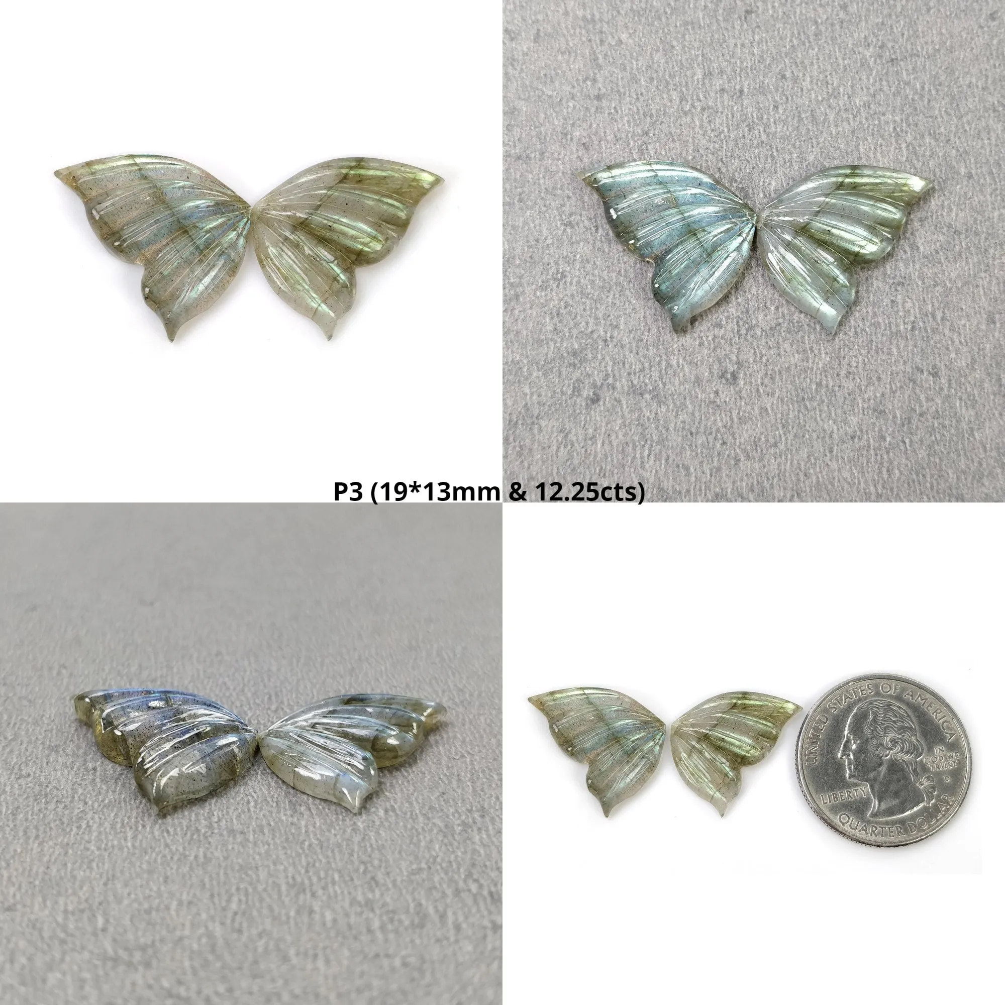 LABRADORITE Gemstone Carving : Natural Untreated Unheated Labradorite Gemstone Hand Carved Butterfly Pair (With Video)