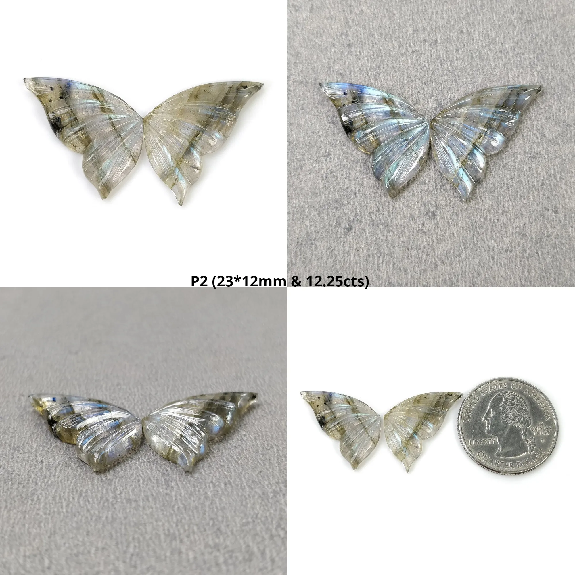 LABRADORITE Gemstone Carving : Natural Untreated Unheated Labradorite Gemstone Hand Carved Butterfly Pair (With Video)