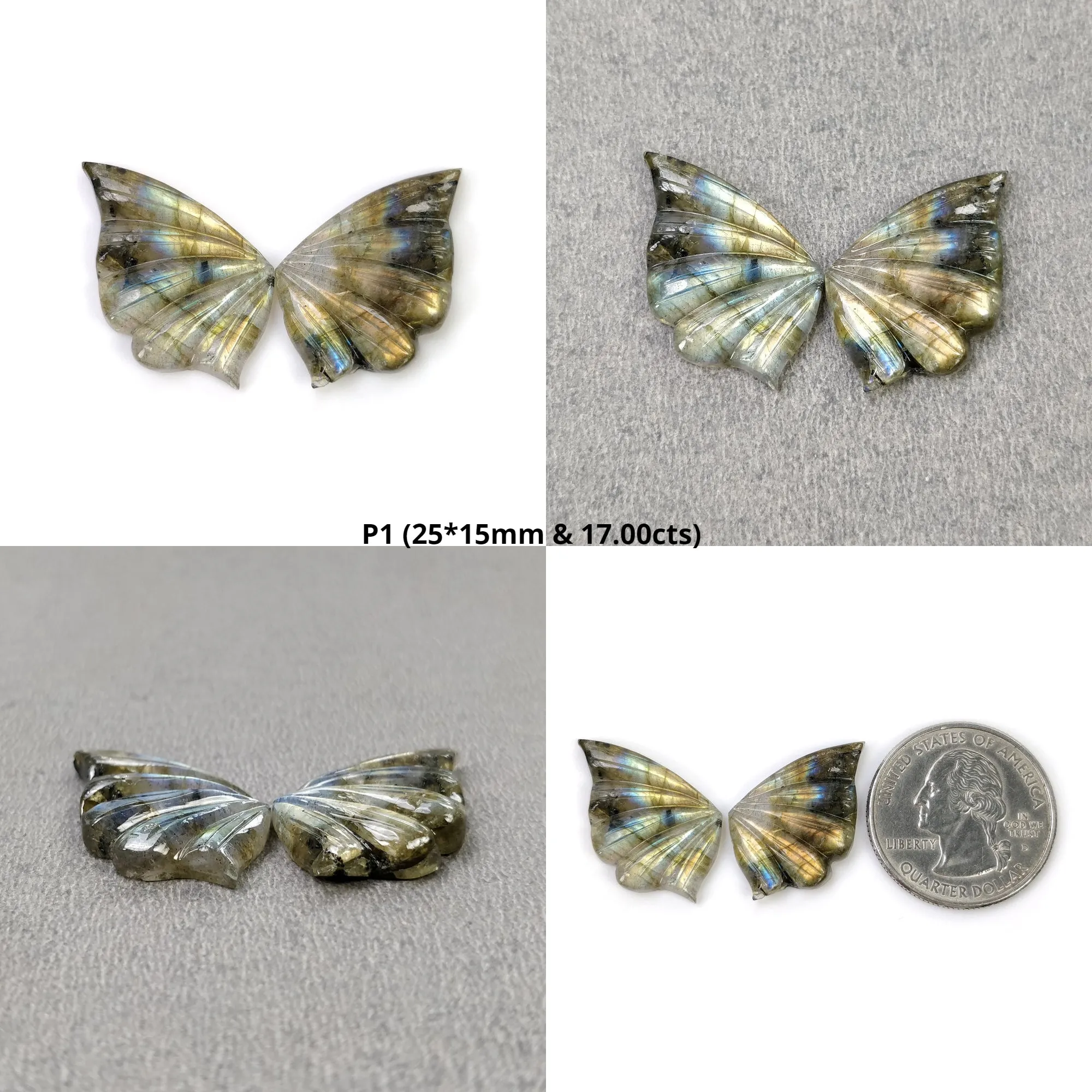 LABRADORITE Gemstone Carving : Natural Untreated Unheated Labradorite Gemstone Hand Carved Butterfly Pair (With Video)