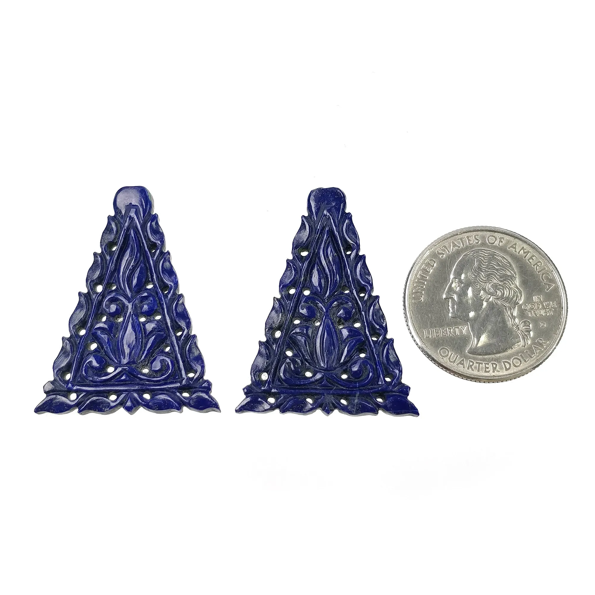 LAPIS LAZULI Gemstone Carving : 41.50cts Natural Untreated Blue Lapis Hand Carved Triangle Shape 36*27mm Pair