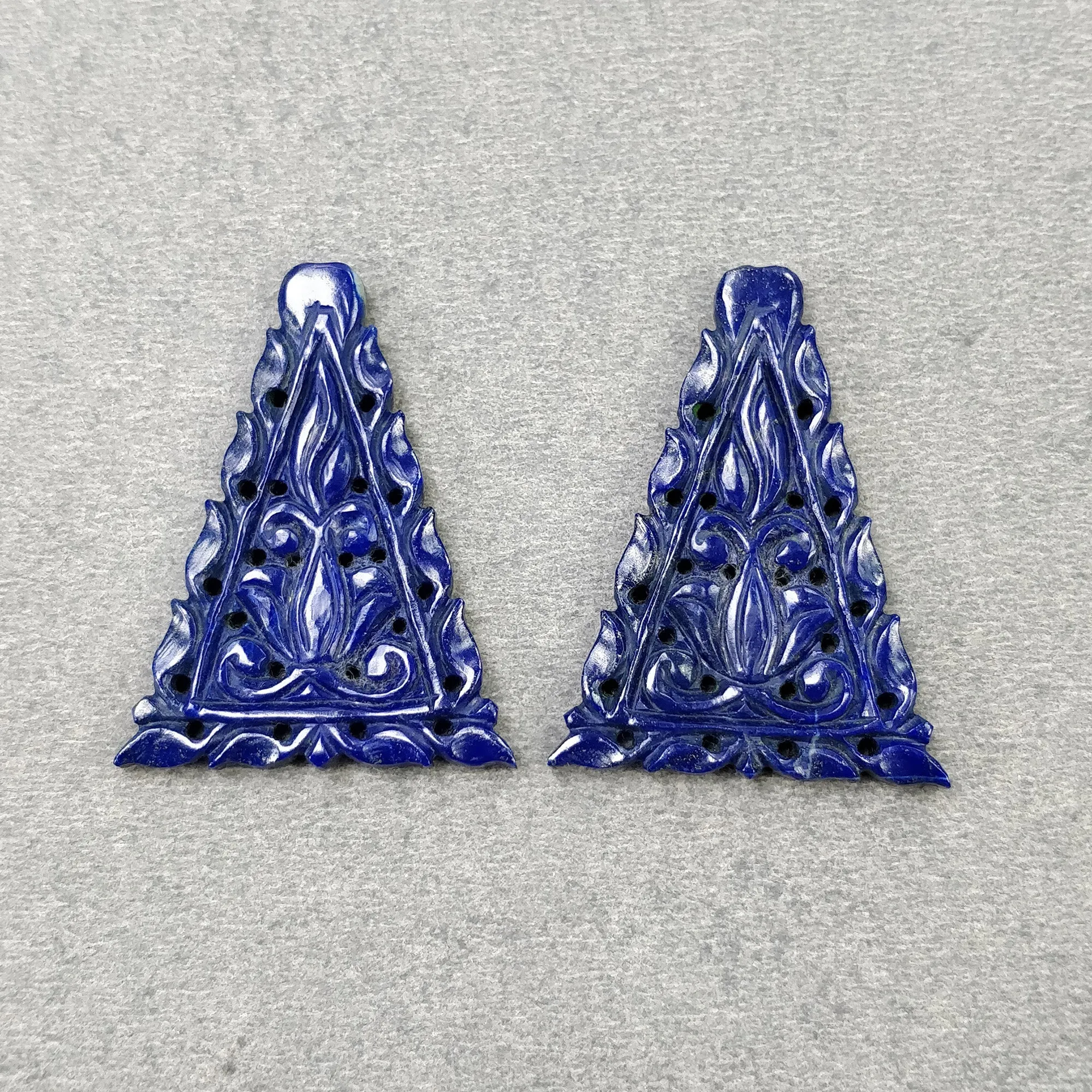 LAPIS LAZULI Gemstone Carving : 41.50cts Natural Untreated Blue Lapis Hand Carved Triangle Shape 36*27mm Pair